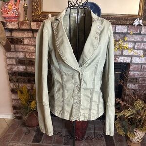 Y2K MUR MUR Green Embroidered Peacock Rhinestone Fitted Blazer Military Jacket